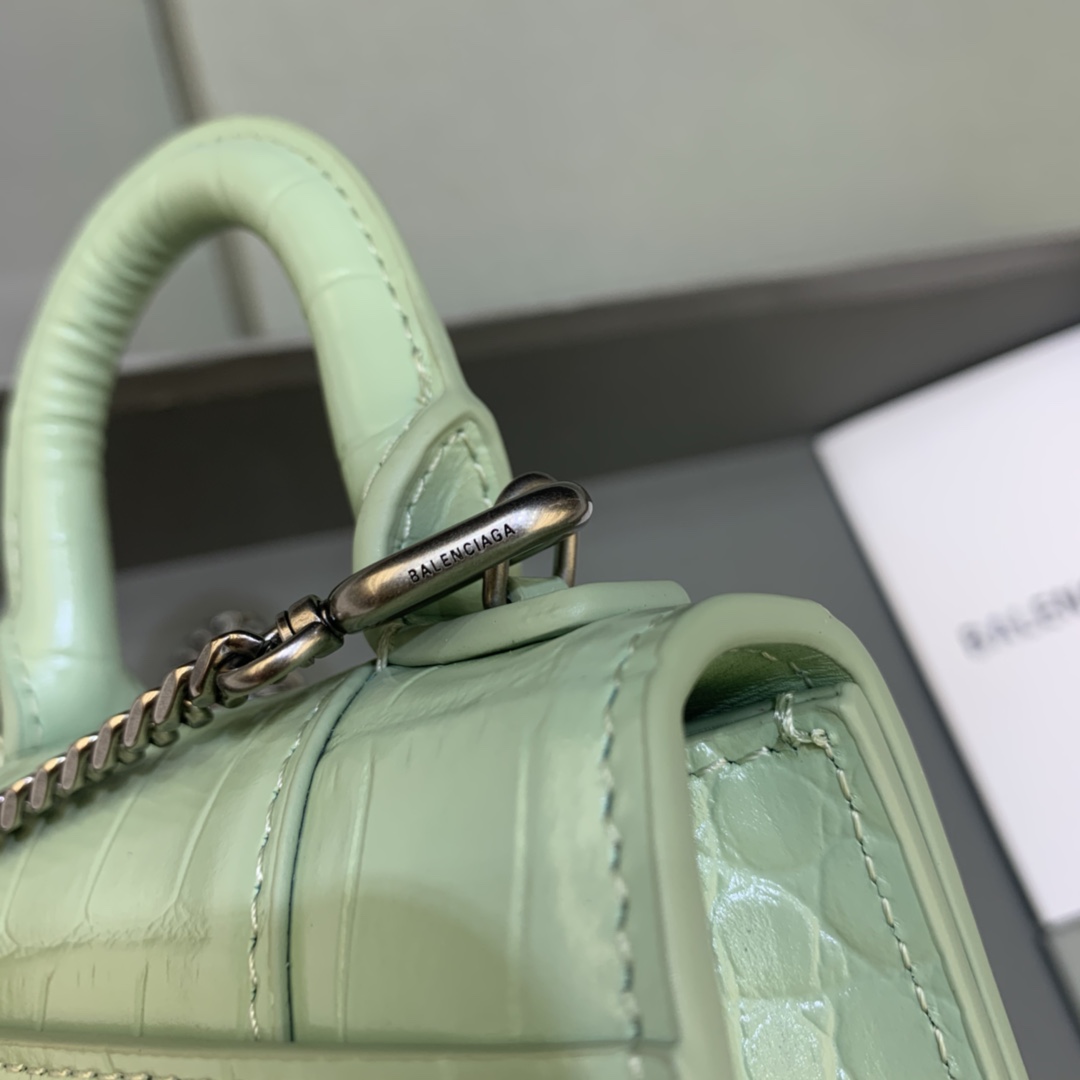 Balenciaga Hourglass Mini Handbag With Chain Crocodile Embossed Shoulder Bag Light Green